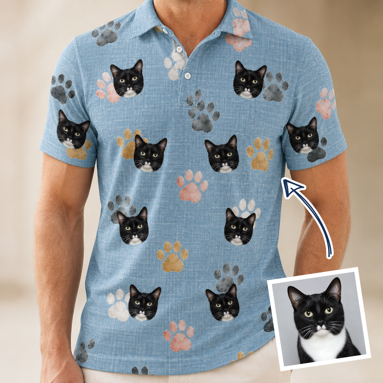 Man wearing Men's Toe Bean Trail Custom Cat Face Polo Shirt — custom faces printed all-over