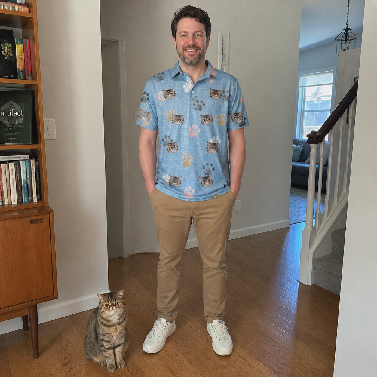 Full-length photo with the pet printed all over this Men's Toe Bean Trail Custom Cat Face Polo Shirt