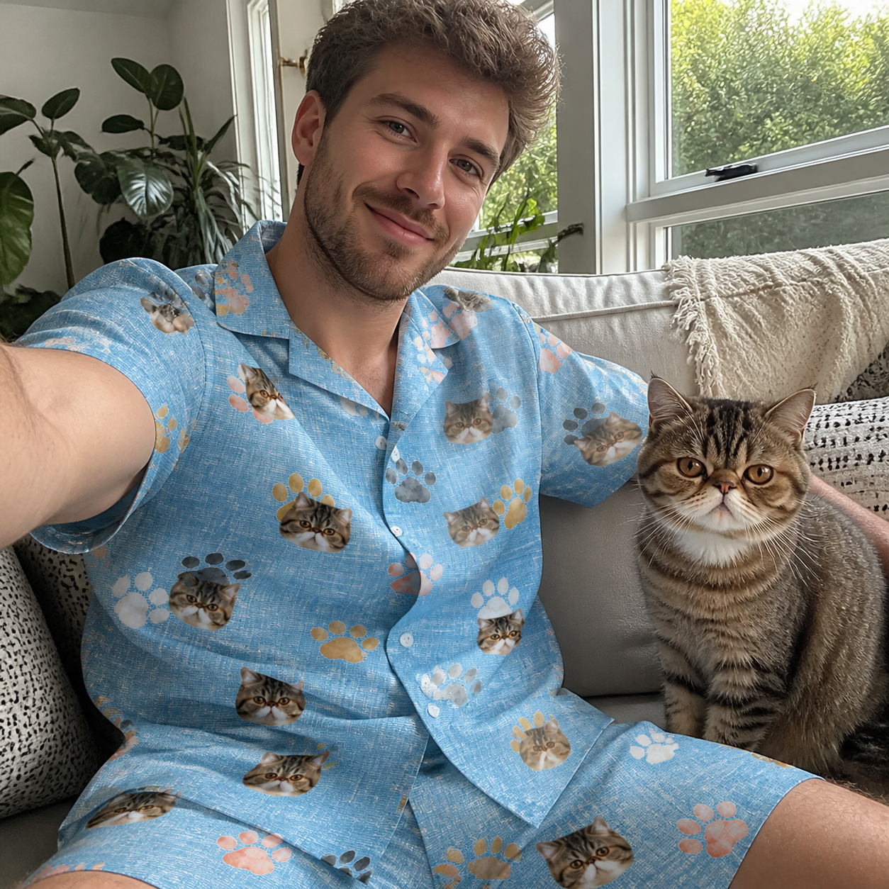 Selfie with the pet whose face is printed all over this Men's Toe Bean Trail Custom Cat Face Shirt & Shorts Set