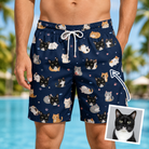 Man wearing Men's Mewsed Charm Custom Cat Face Beach Shorts — custom faces printed all-over