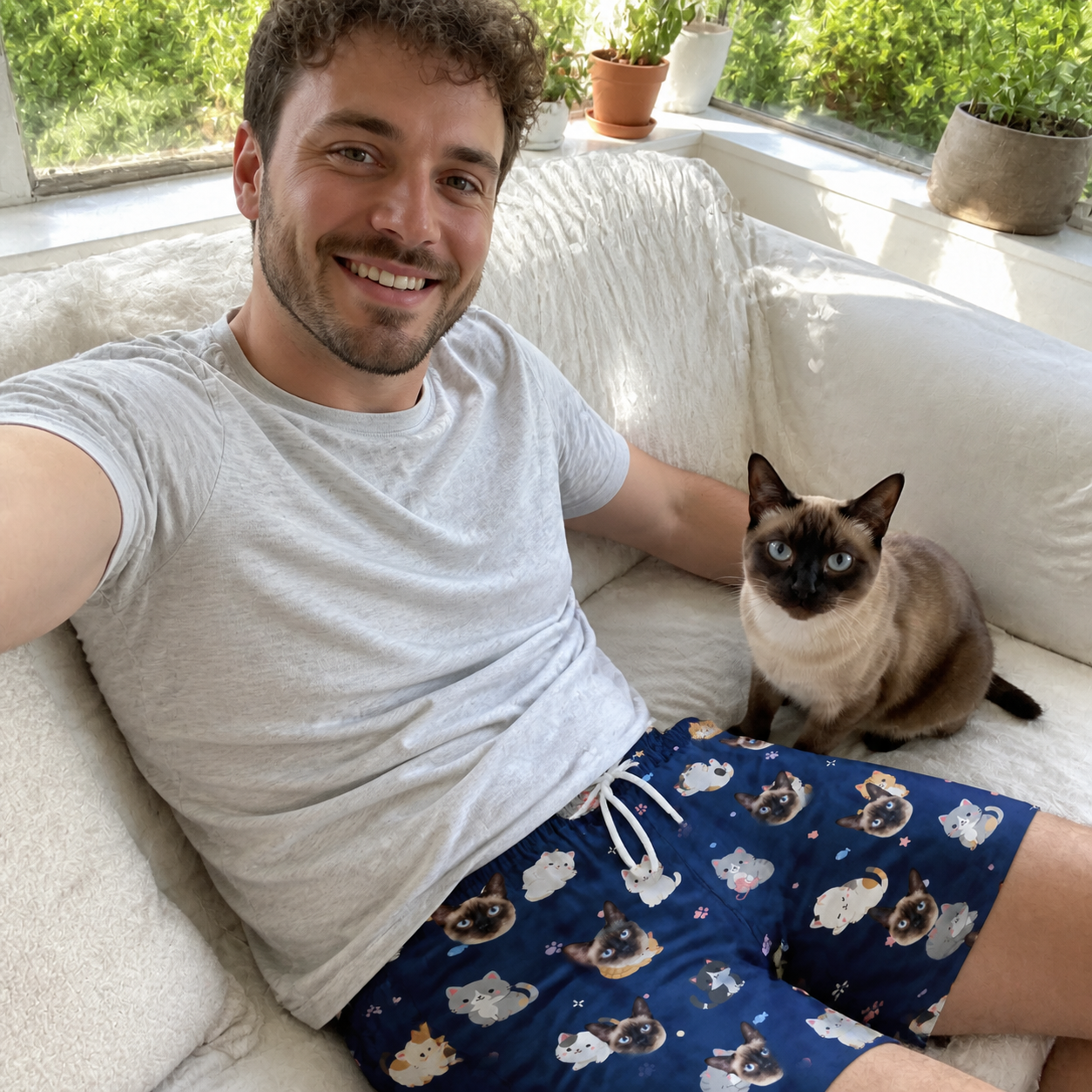 Selfie with the pet whose face is printed all over this Men's Mewsed Charm Custom Cat Face Beach Shorts