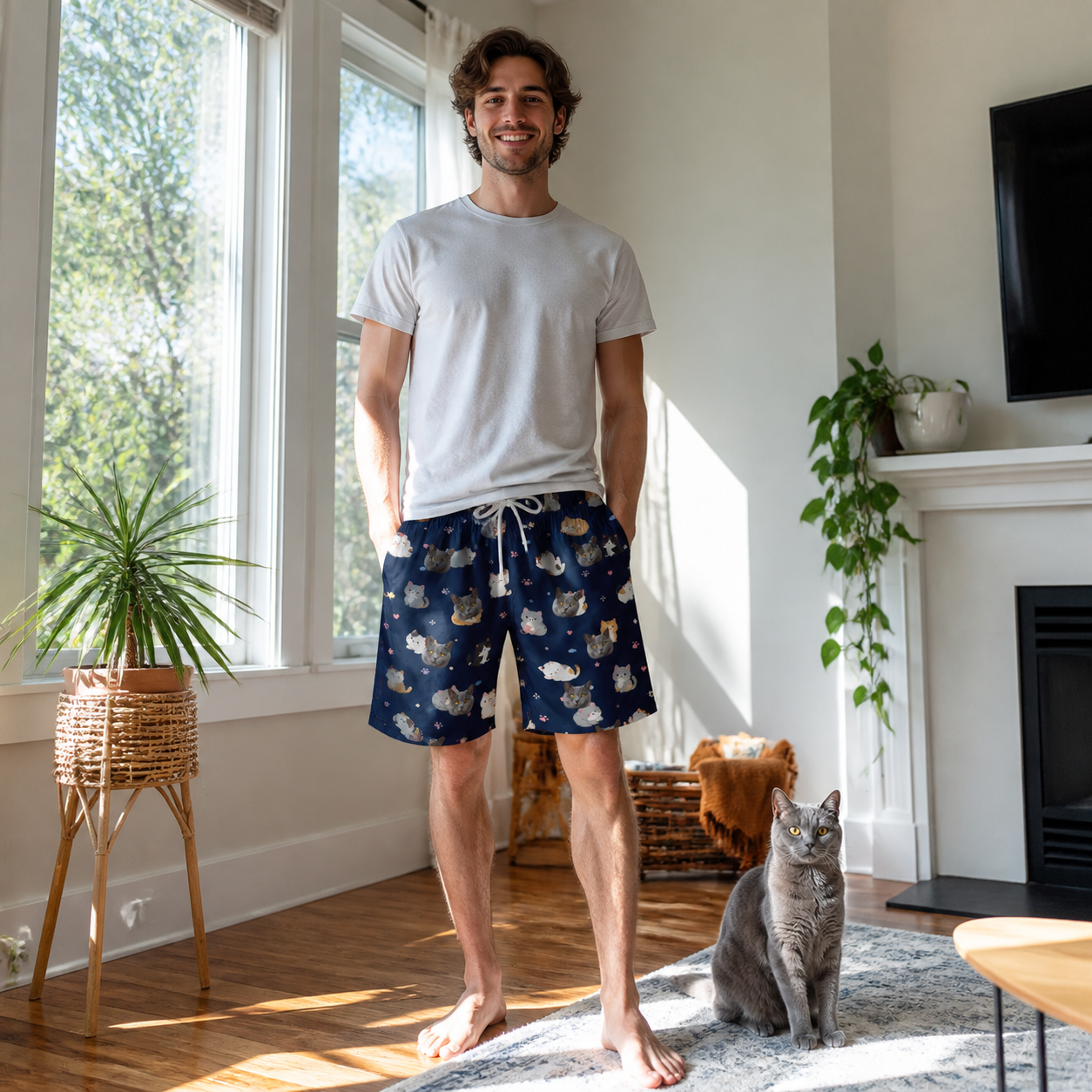Full-length photo with the pet printed all over this Men's Mewsed Charm Custom Cat Face Beach Shorts