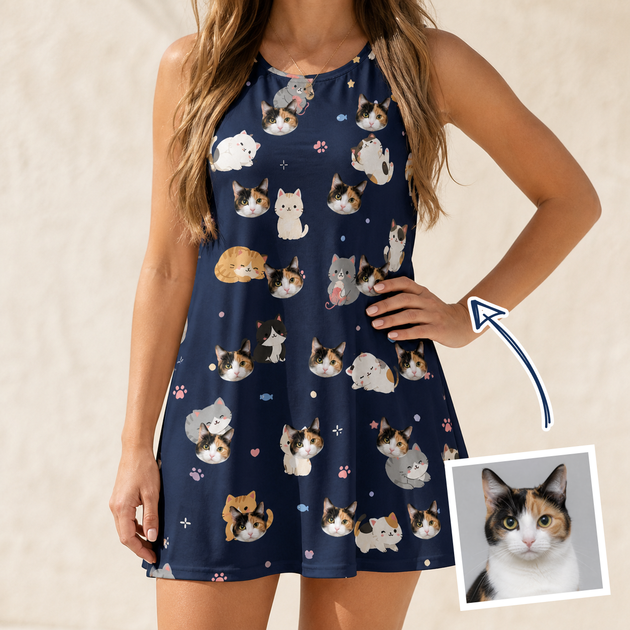 Woman wearing Women's Mewsed Charm Custom Cat Face Tank Dress — custom faces printed all-over