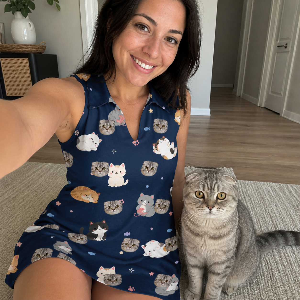 Selfie with the pet whose face is printed all over this Women's Mewsed Charm Custom Cat Face V-Neck Dress