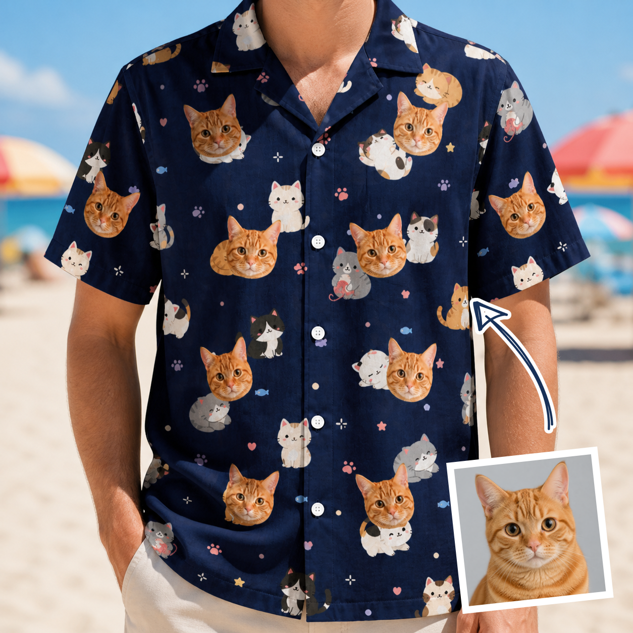 Man wearing Men's Mewsed Charm Custom Cat Face Hawaiian Shirt — custom faces printed all-over