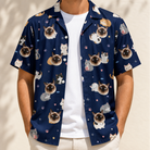 Man wearing Men's Mewsed Charm Custom Cat Face Hawaiian Shirt open over a white tee