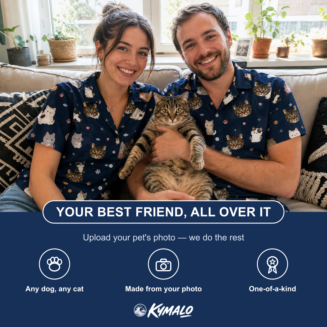 Friends in matching Men's Mewsed Charm Custom Cat Face Hawaiian Shirt — a group gift photo