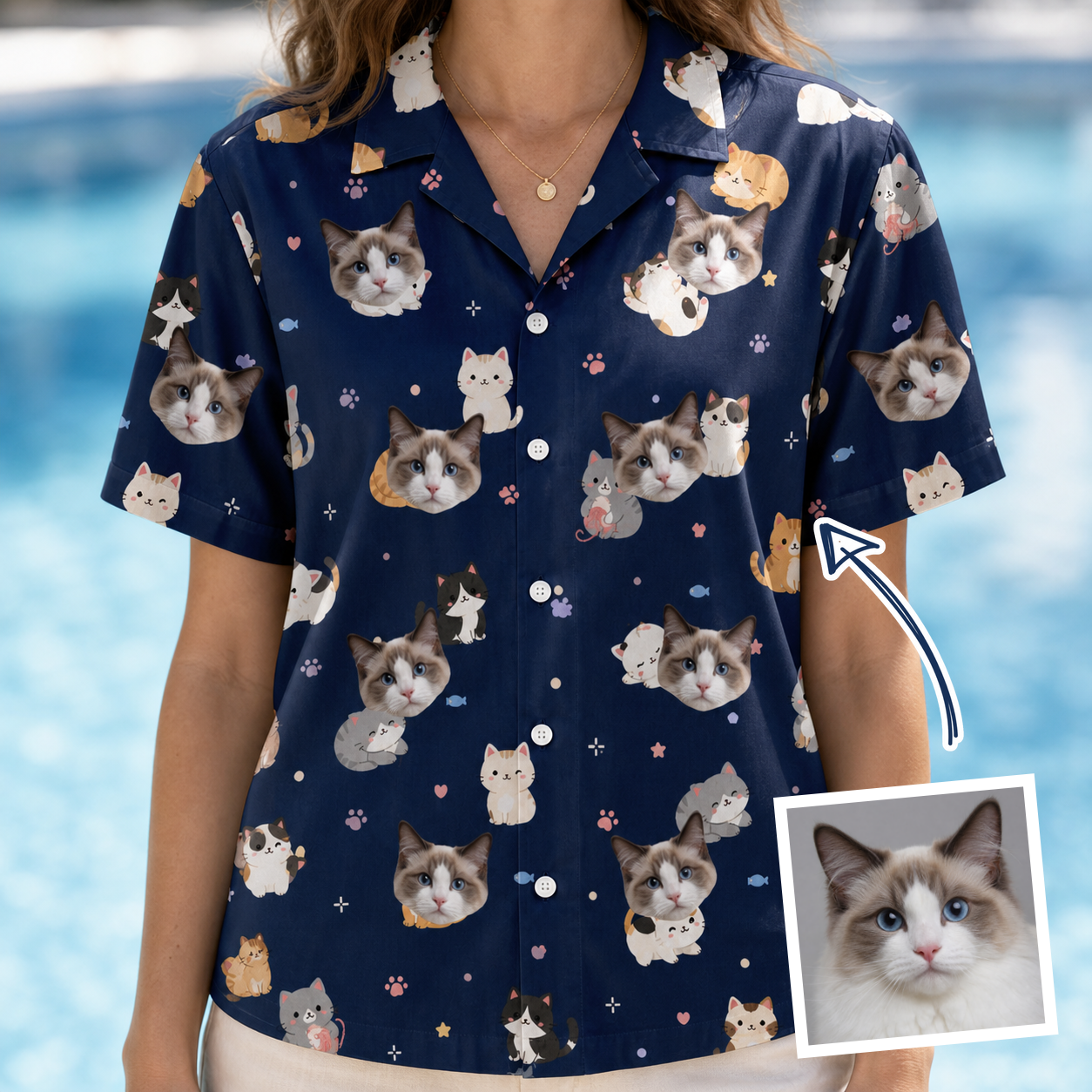 Woman wearing Women's Mewsed Charm Custom Cat Face Hawaiian Shirt — custom faces printed all-over