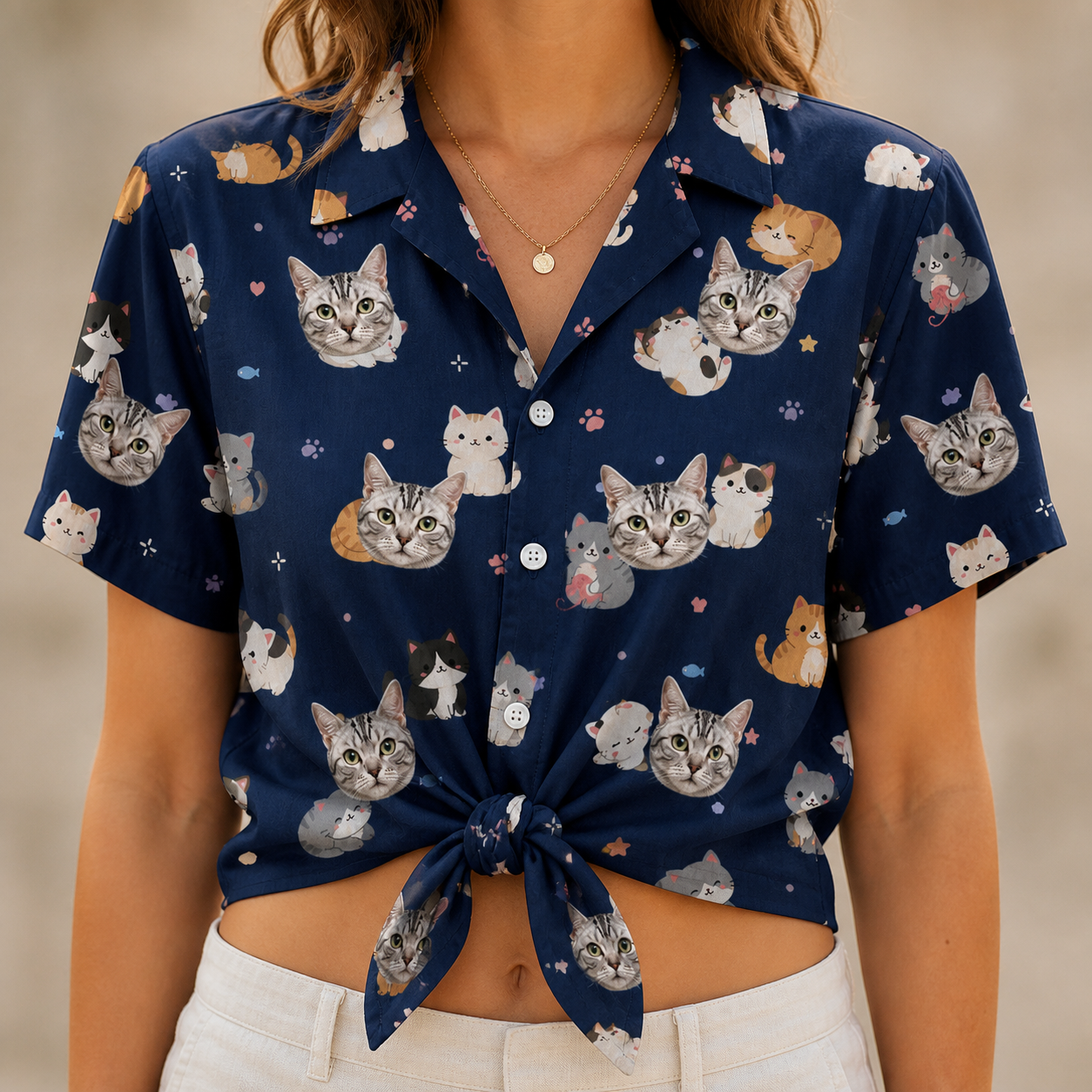 Woman wearing Women's Mewsed Charm Custom Cat Face Hawaiian Shirt tied at the waist