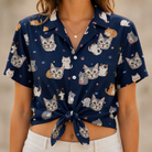 Woman wearing Women's Mewsed Charm Custom Cat Face Hawaiian Shirt tied at the waist