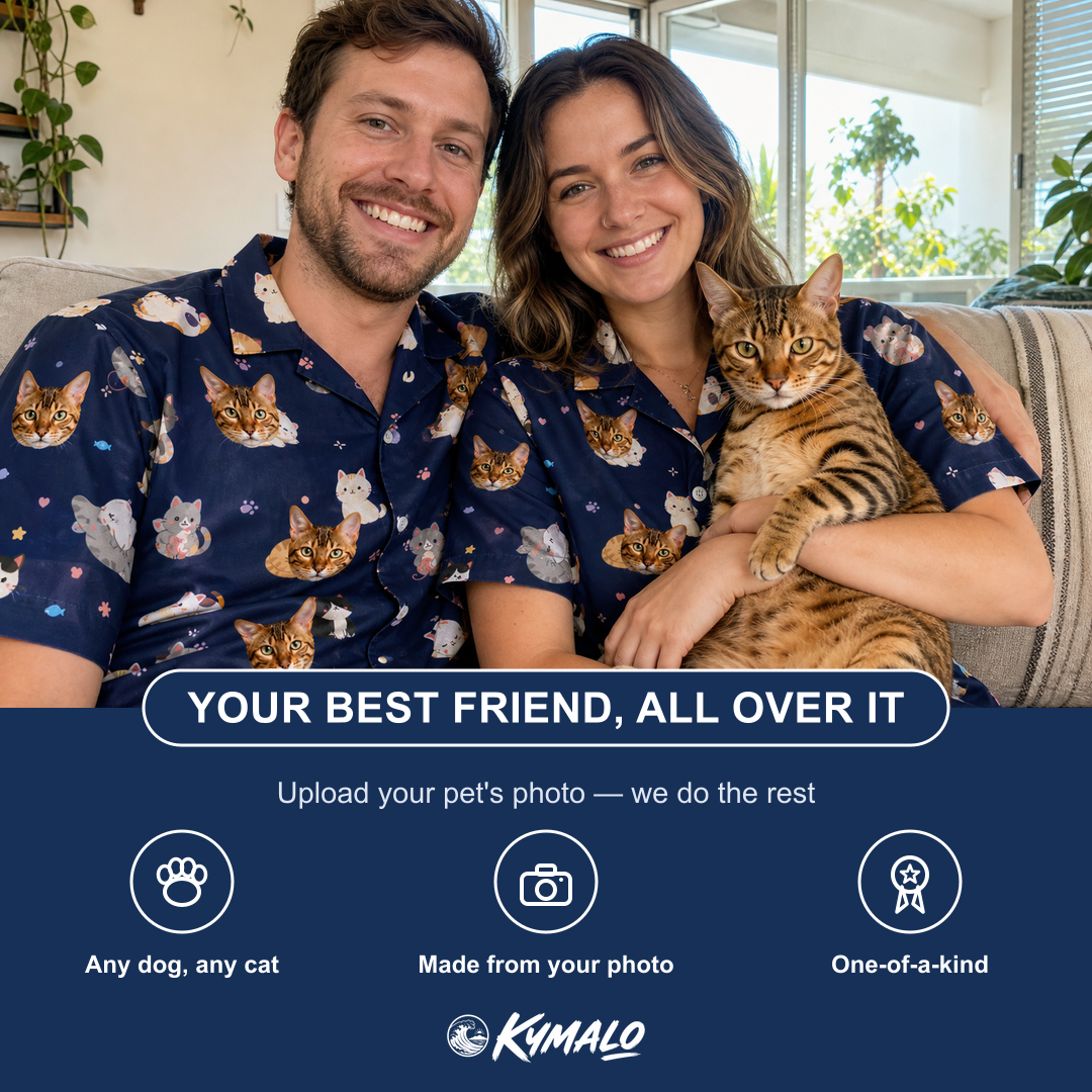 Friends in matching Women's Mewsed Charm Custom Cat Face Hawaiian Shirt — a group gift photo