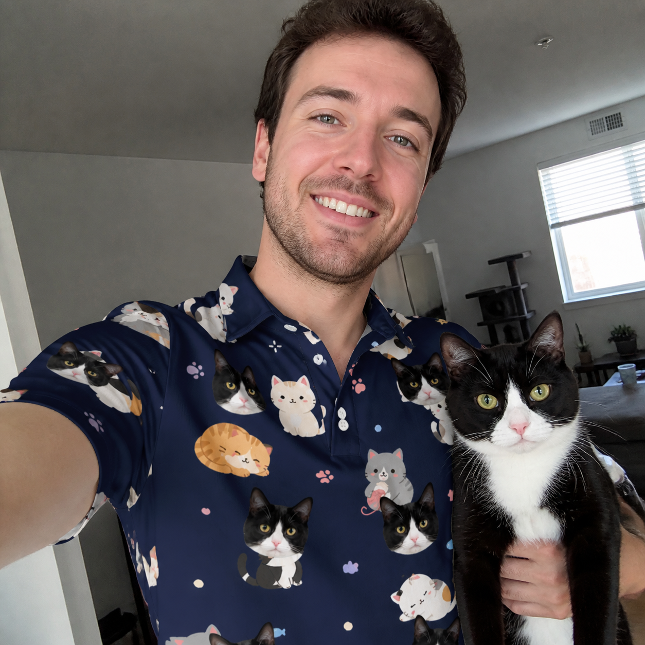 Selfie with the pet whose face is printed all over this Men's Mewsed Charm Custom Cat Face Polo Shirt