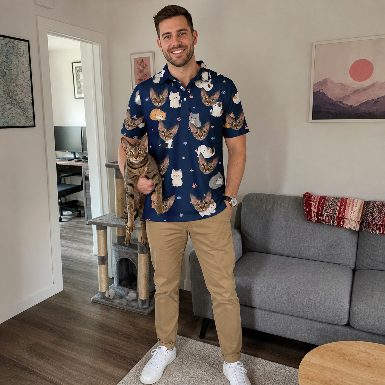 Full-length photo with the pet printed all over this Men's Mewsed Charm Custom Cat Face Polo Shirt
