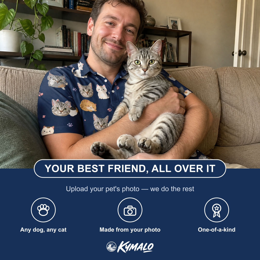 Friends in matching Men's Mewsed Charm Custom Cat Face Polo Shirt — a group gift photo