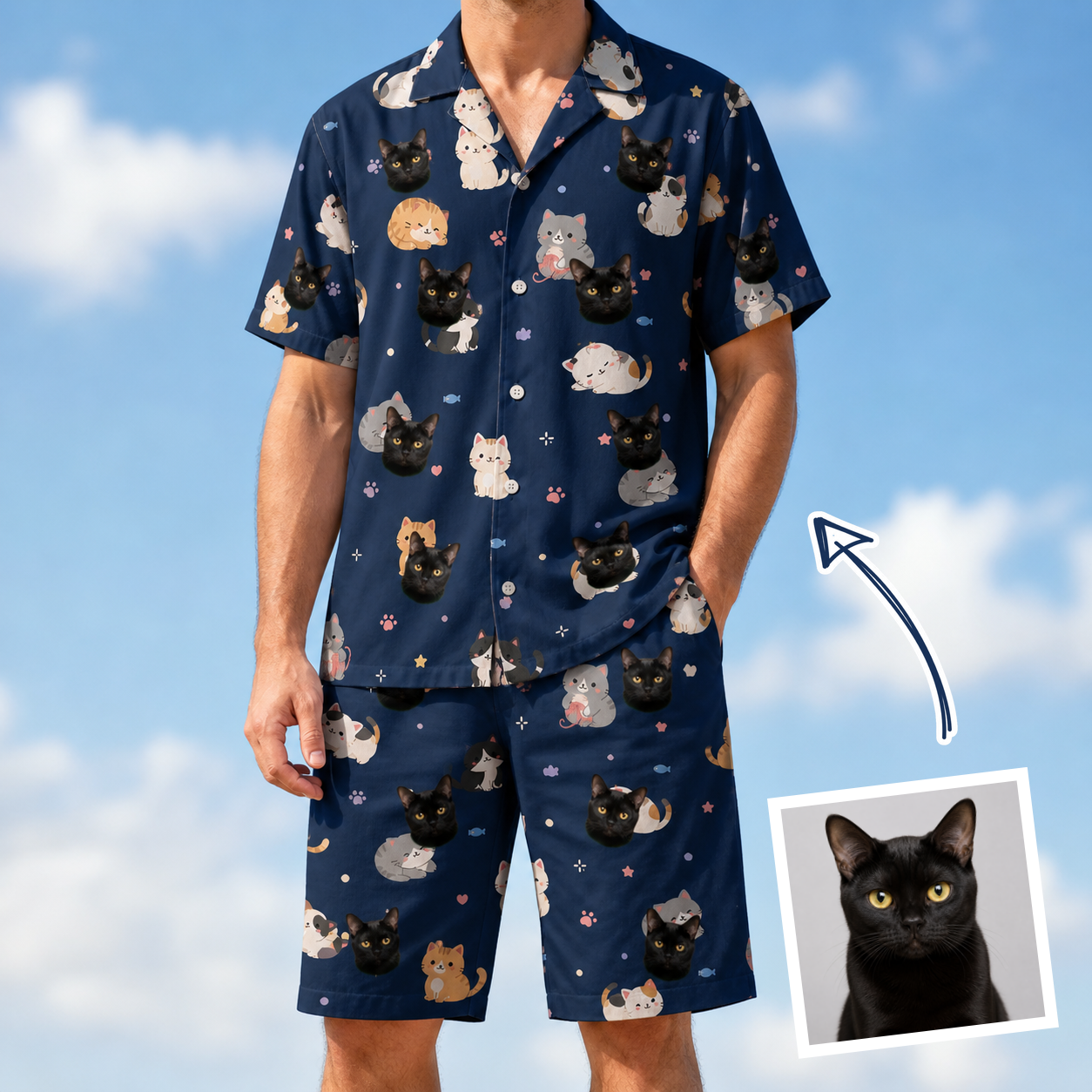 Man wearing Men's Mewsed Charm Custom Cat Face Shirt & Shorts Set — custom faces printed all-over