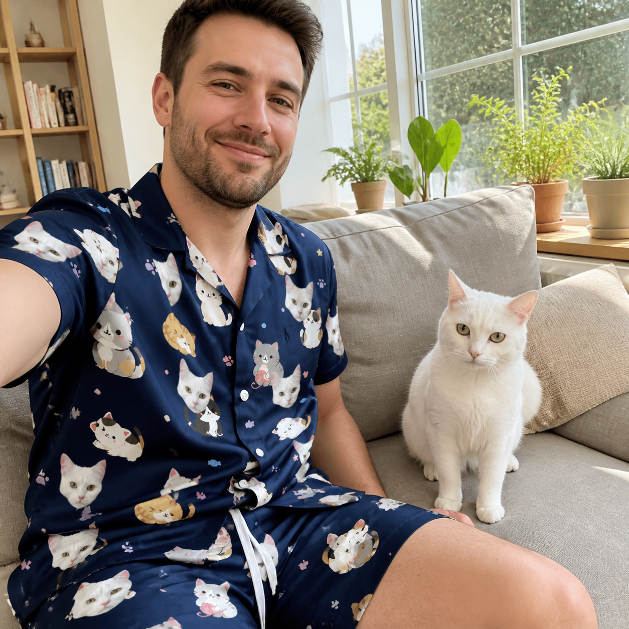 Selfie with the pet whose face is printed all over this Men's Mewsed Charm Custom Cat Face Shirt & Shorts Set