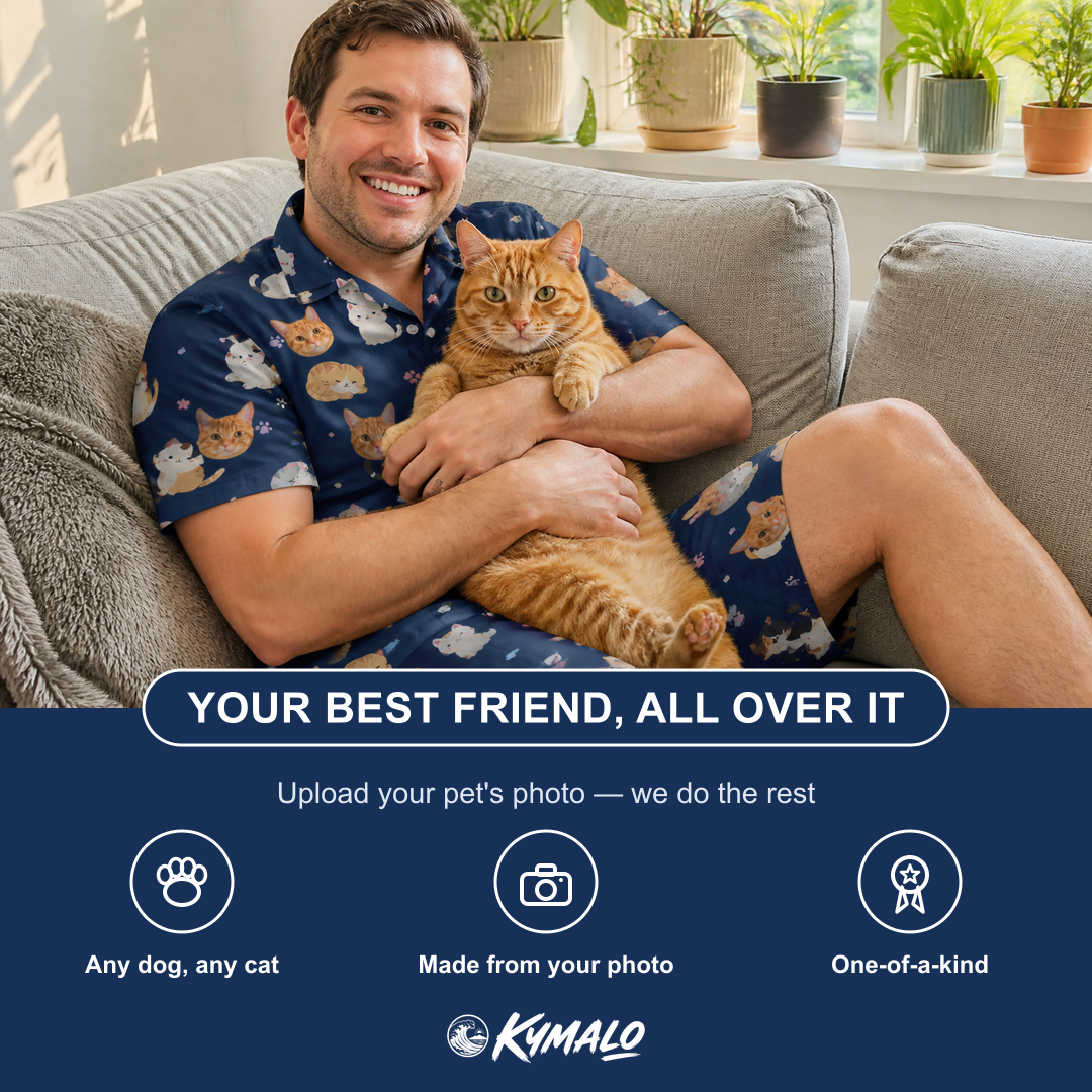 Friends in matching Men's Mewsed Charm Custom Cat Face Shirt & Shorts Set — a group gift photo