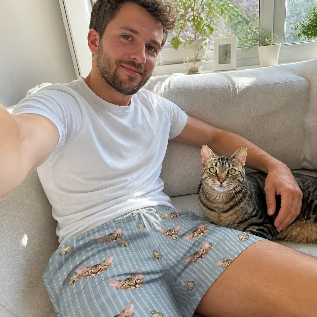 Selfie with the pet whose face is printed all over this Men's Purrcussion Pings Custom Cat Face Beach Shorts