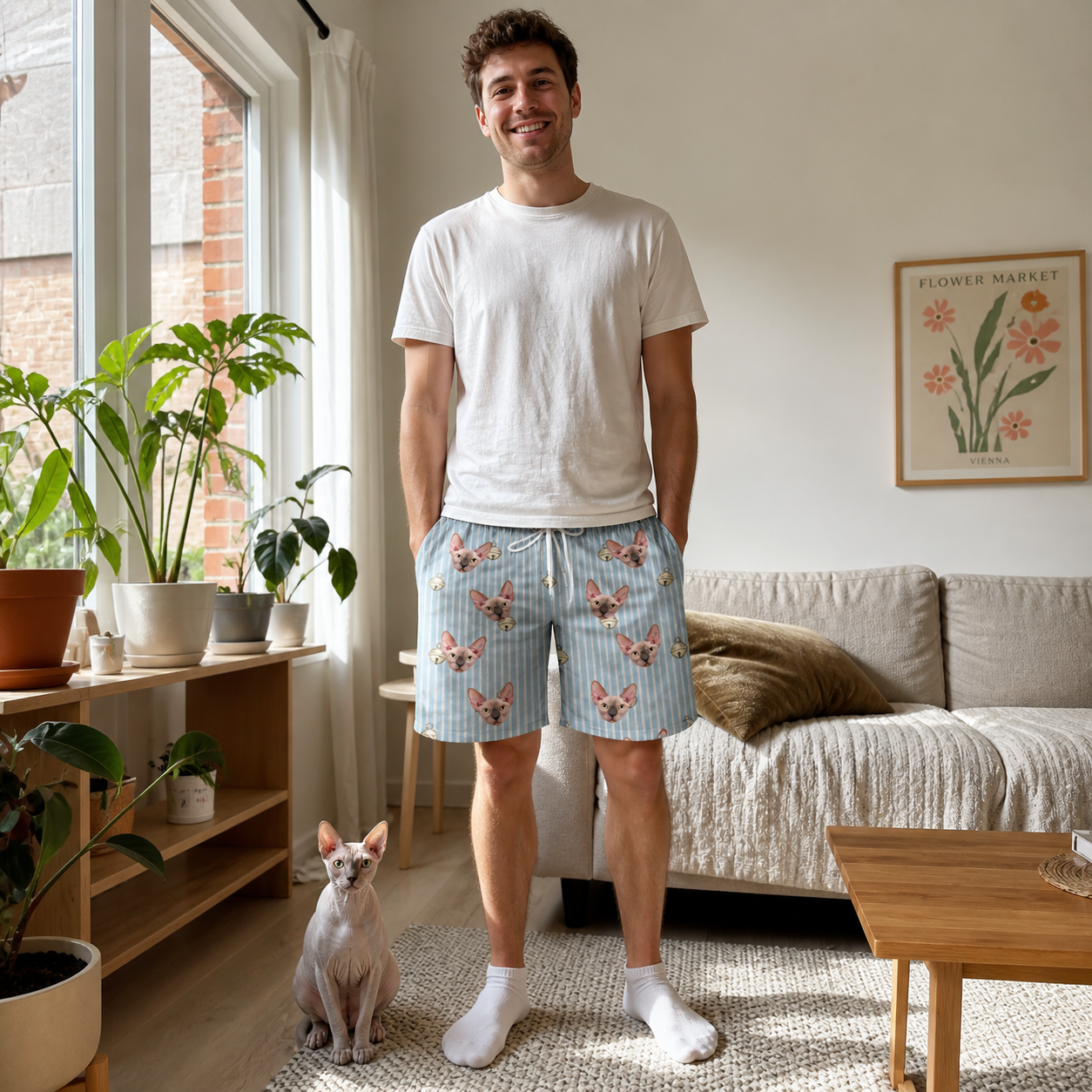 Full-length photo with the pet printed all over this Men's Purrcussion Pings Custom Cat Face Beach Shorts