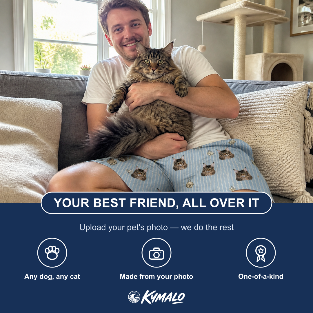 Friends in matching Men's Purrcussion Pings Custom Cat Face Beach Shorts — a group gift photo