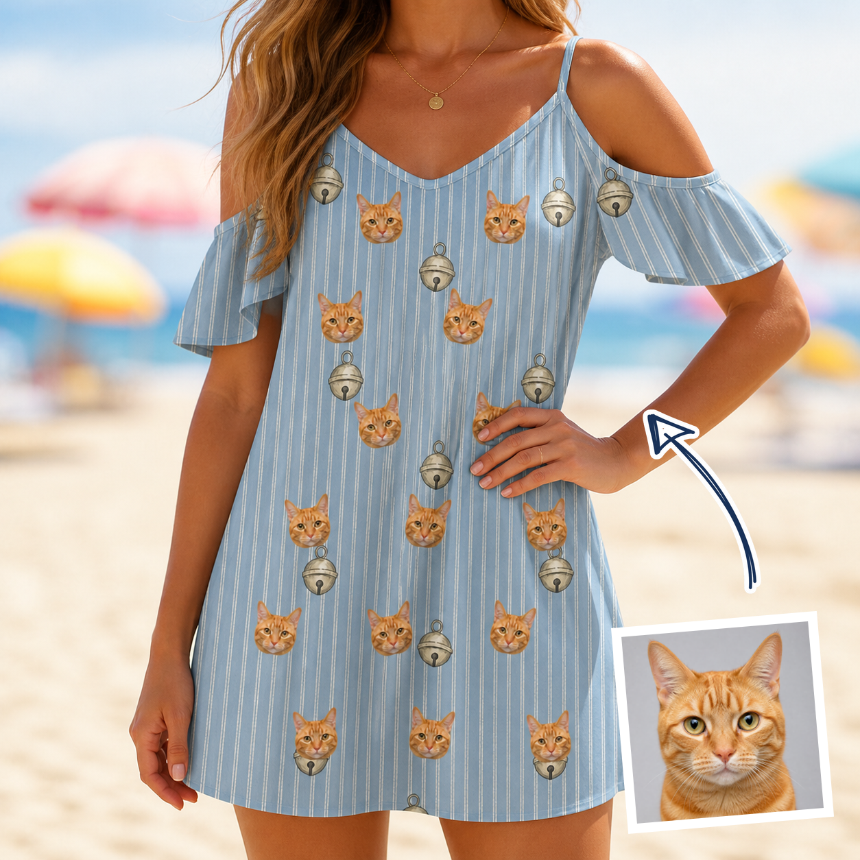 Woman wearing Women's Purrcussion Pings Custom Cat Face Off-Shoulder Dress — custom faces printed all-over