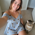 Selfie with the pet whose face is printed all over this Women's Purrcussion Pings Custom Cat Face Off-Shoulder Dress