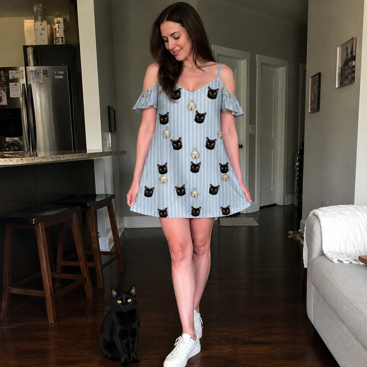 Full-length photo with the pet printed all over this Women's Purrcussion Pings Custom Cat Face Off-Shoulder Dress