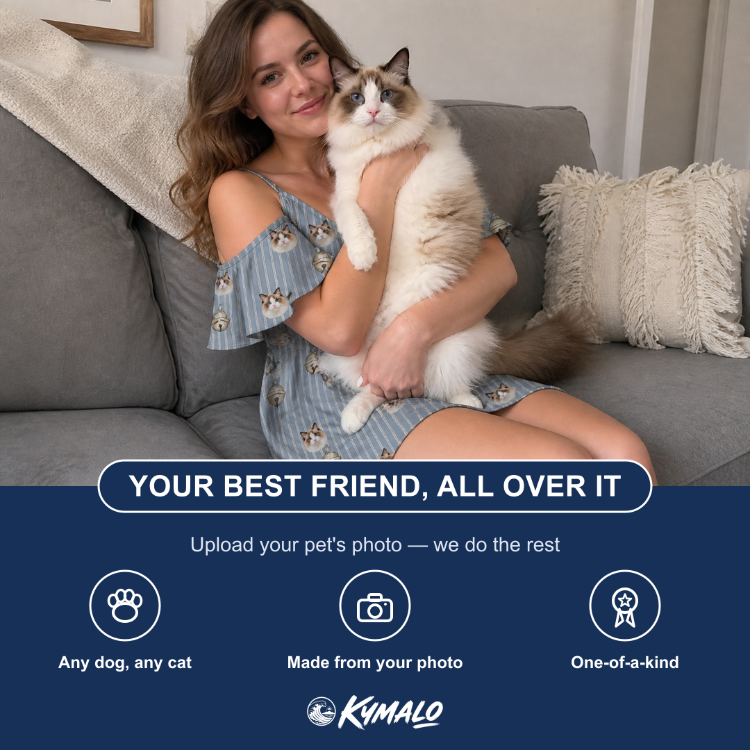 Friends in matching Women's Purrcussion Pings Custom Cat Face Off-Shoulder Dress — a group gift photo