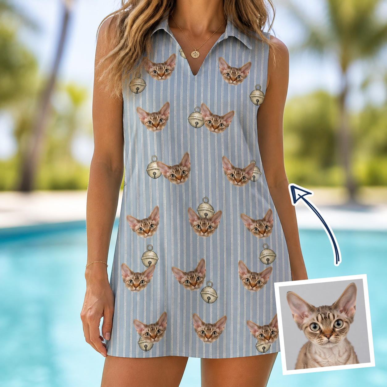 Woman wearing Women's Purrcussion Pings Custom Cat Face V-Neck Dress — custom faces printed all-over