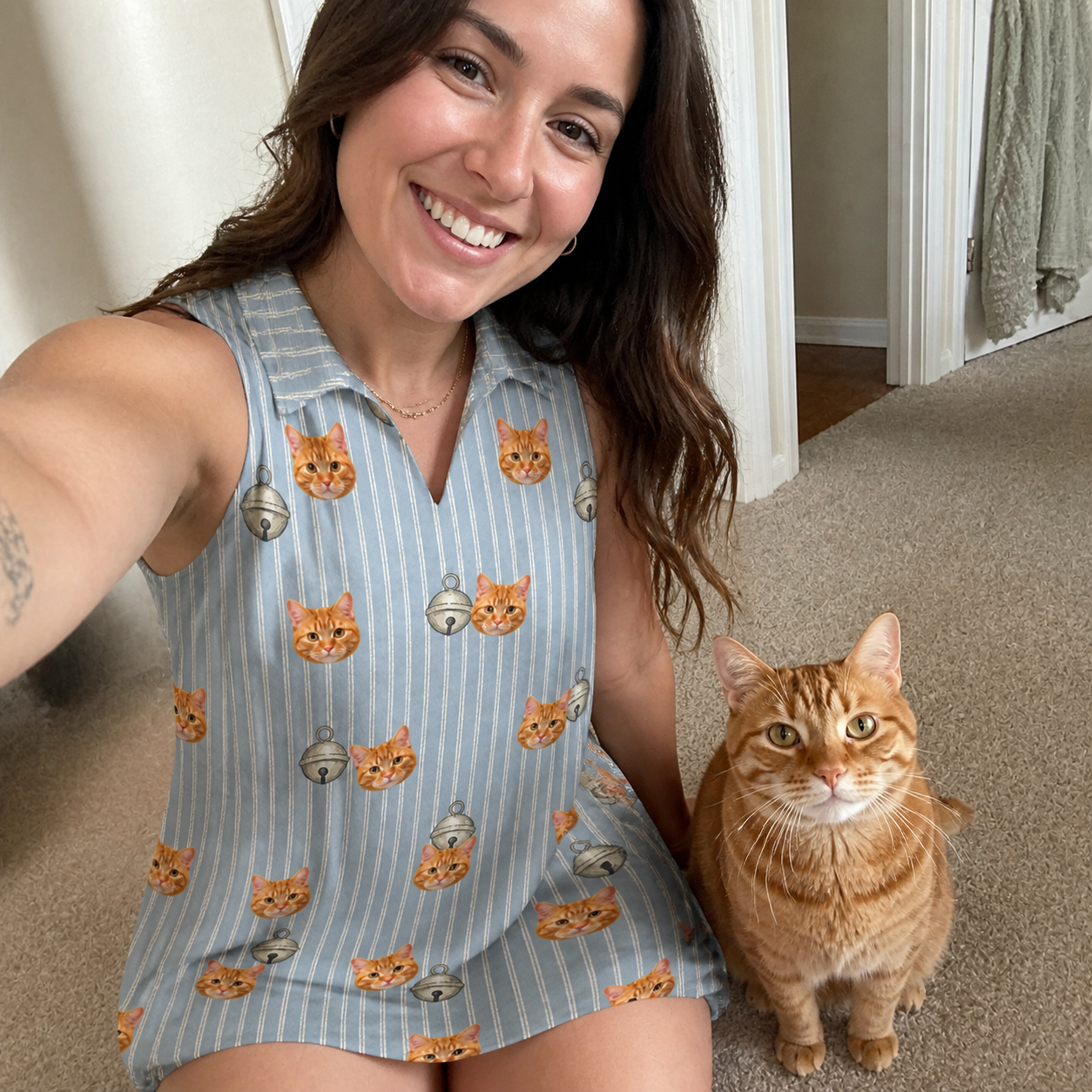 Selfie with the pet whose face is printed all over this Women's Purrcussion Pings Custom Cat Face V-Neck Dress