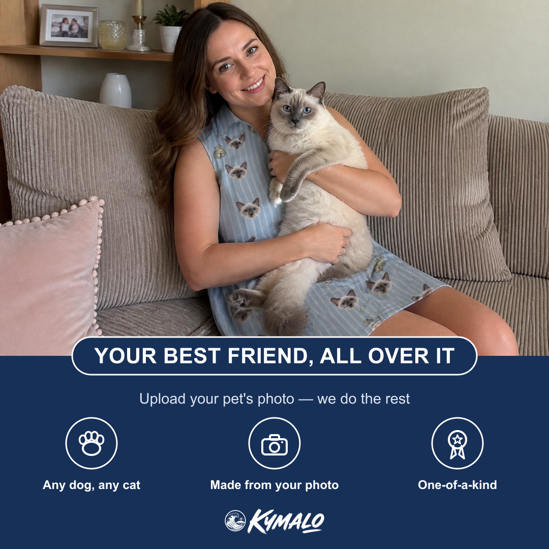 Friends in matching Women's Purrcussion Pings Custom Cat Face V-Neck Dress — a group gift photo