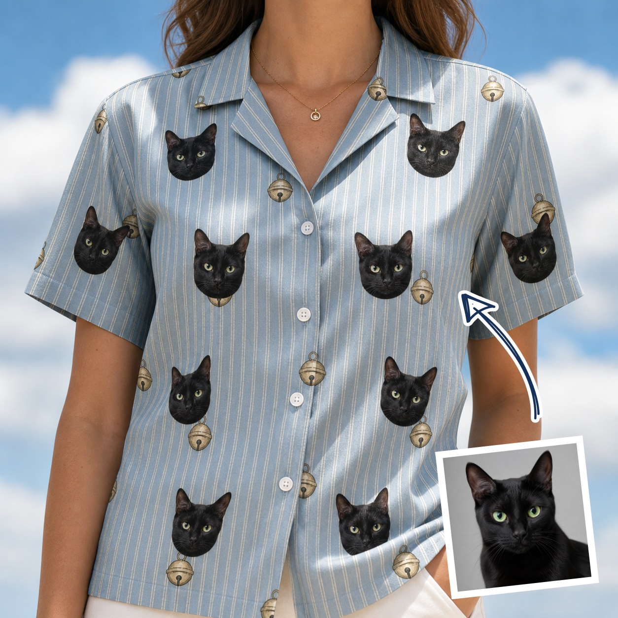 Woman wearing Women's Purrcussion Pings Custom Cat Face Hawaiian Shirt — custom faces printed all-over