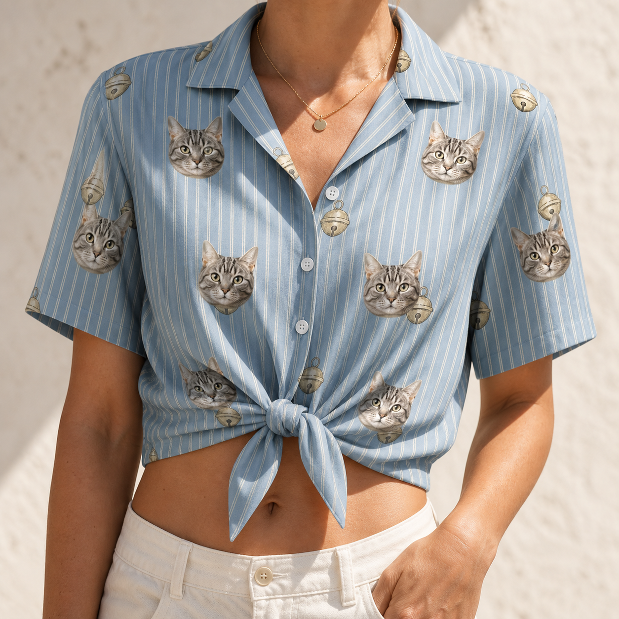 Woman wearing Women's Purrcussion Pings Custom Cat Face Hawaiian Shirt tied at the waist