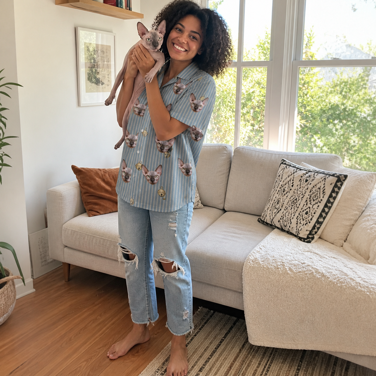 Full-length photo with the pet printed all over this Women's Purrcussion Pings Custom Cat Face Hawaiian Shirt