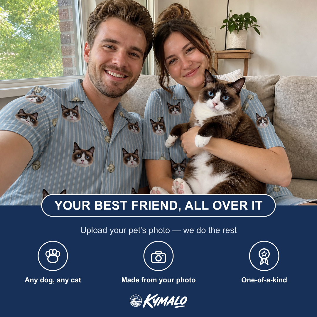 Friends in matching Women's Purrcussion Pings Custom Cat Face Hawaiian Shirt — a group gift photo