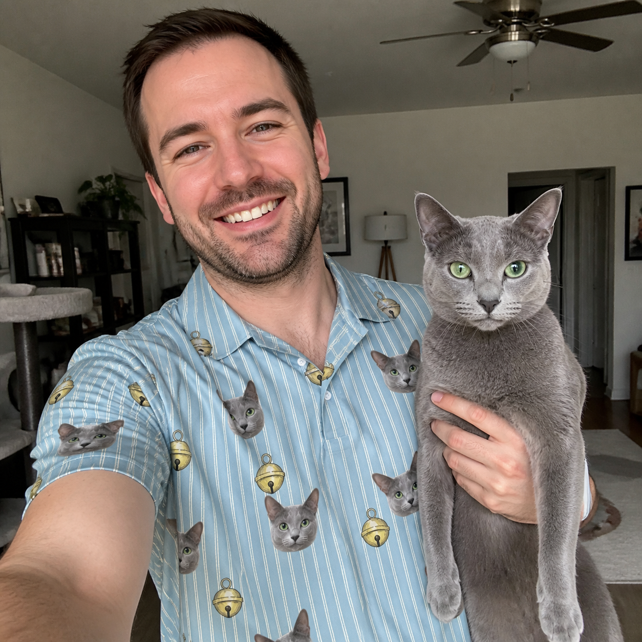 Selfie with the pet whose face is printed all over this Men's Purrcussion Pings Custom Cat Face Polo Shirt