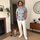 Full-length photo with the pet printed all over this Men's Purrcussion Pings Custom Cat Face Polo Shirt
