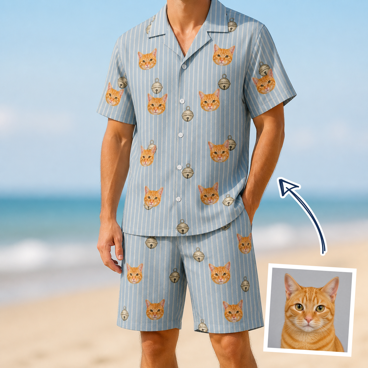 Man wearing Men's Purrcussion Pings Custom Cat Face Shirt & Shorts Set — custom faces printed all-over