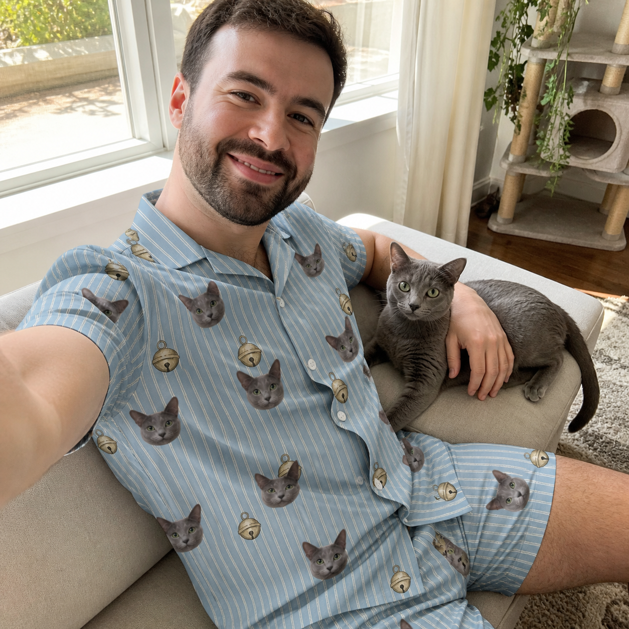 Selfie with the pet whose face is printed all over this Men's Purrcussion Pings Custom Cat Face Shirt & Shorts Set