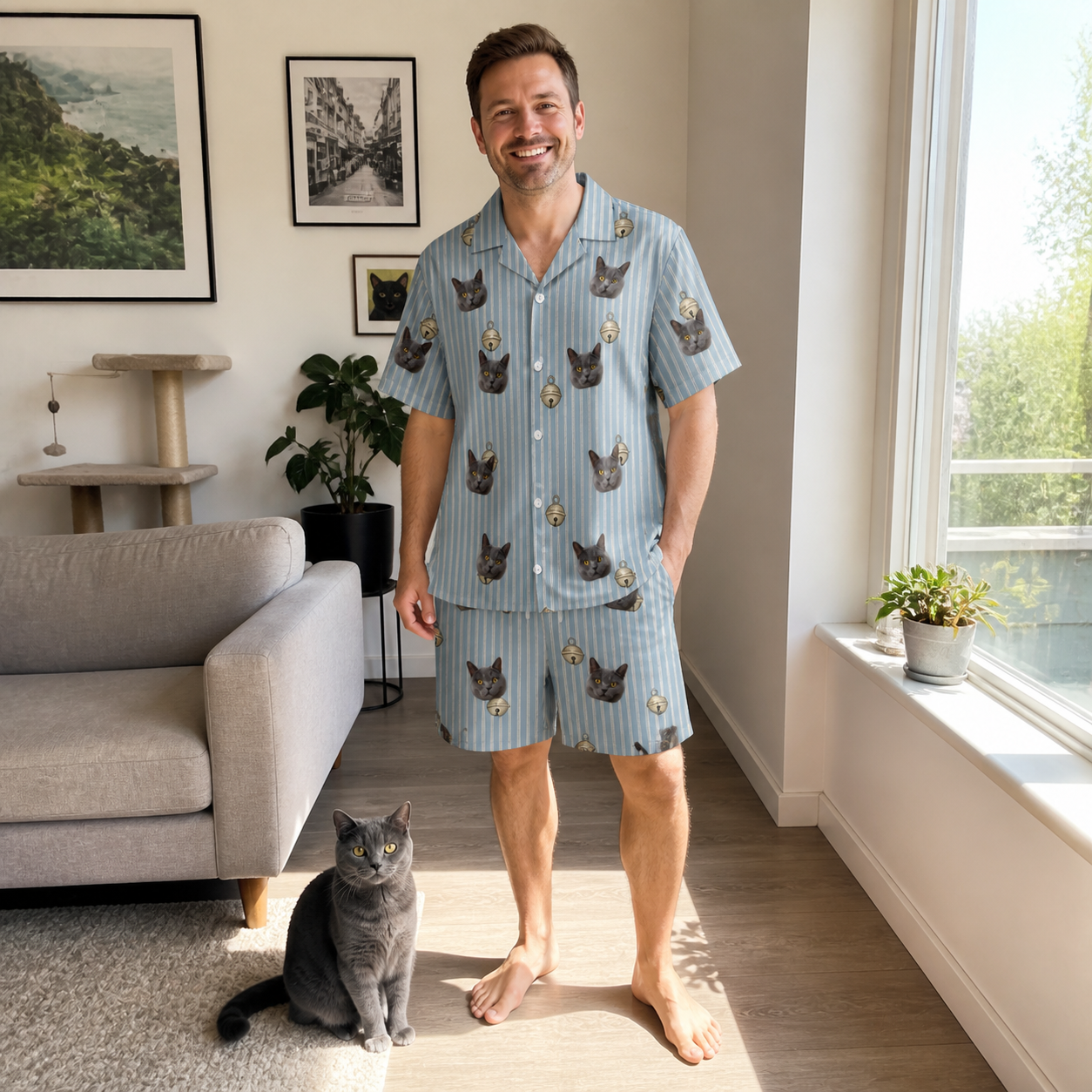 Full-length photo with the pet printed all over this Men's Purrcussion Pings Custom Cat Face Shirt & Shorts Set