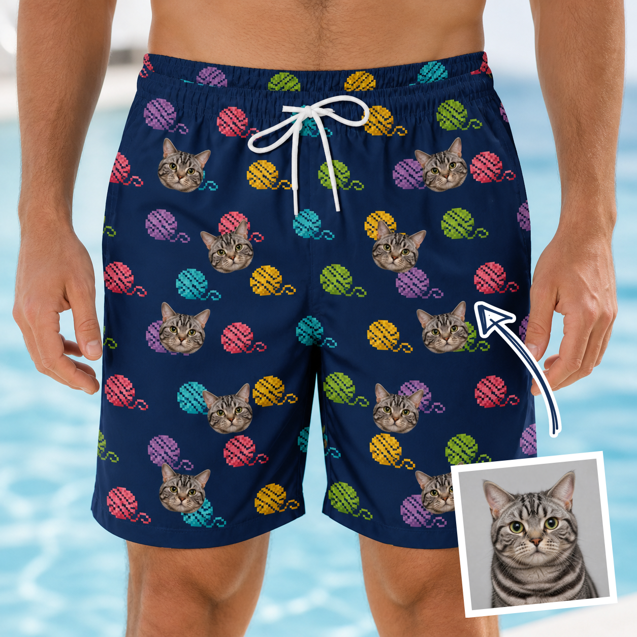 Man wearing Men's Yarn Yowls Custom Cat Face Beach Shorts — custom faces printed all-over