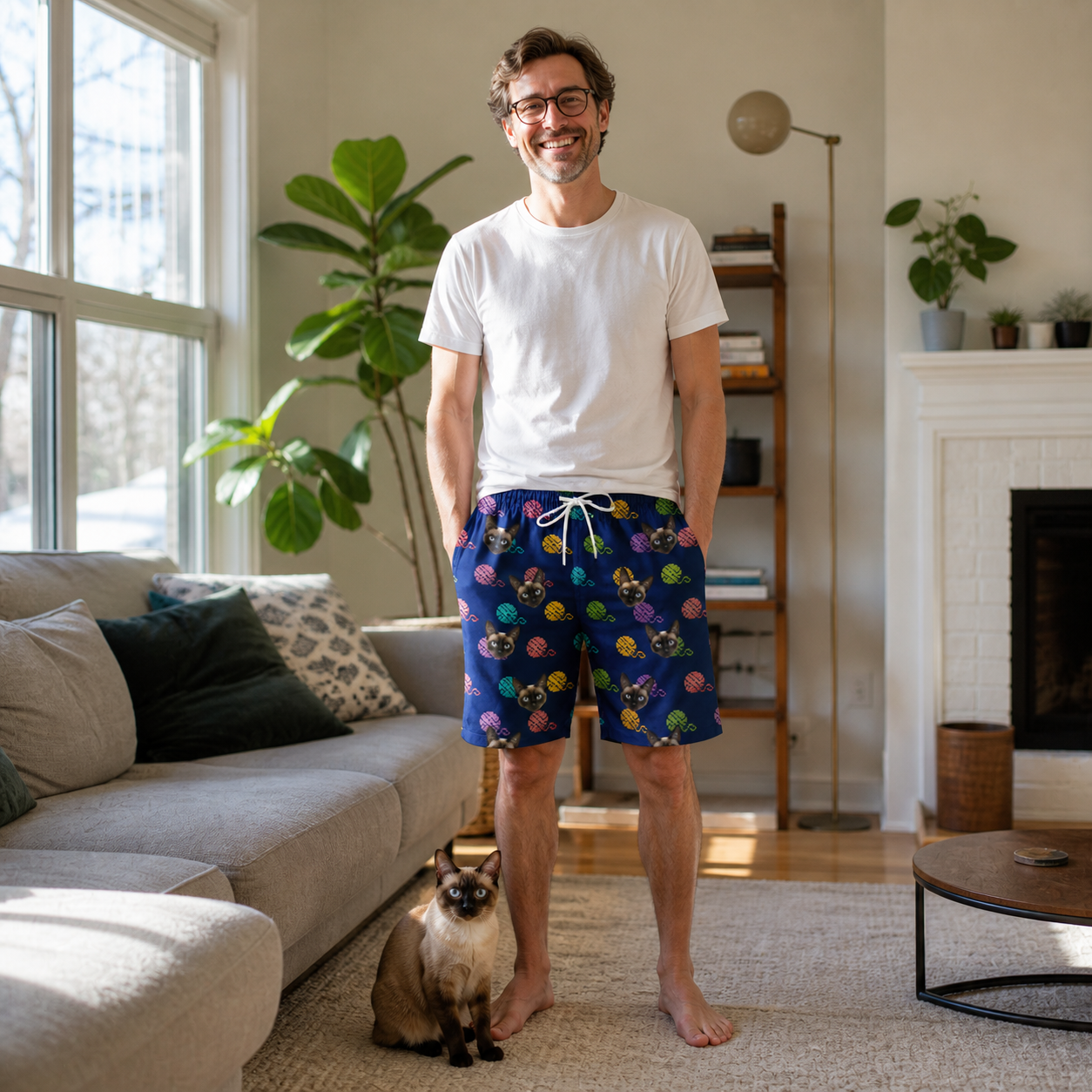Full-length photo with the pet printed all over this Men's Yarn Yowls Custom Cat Face Beach Shorts