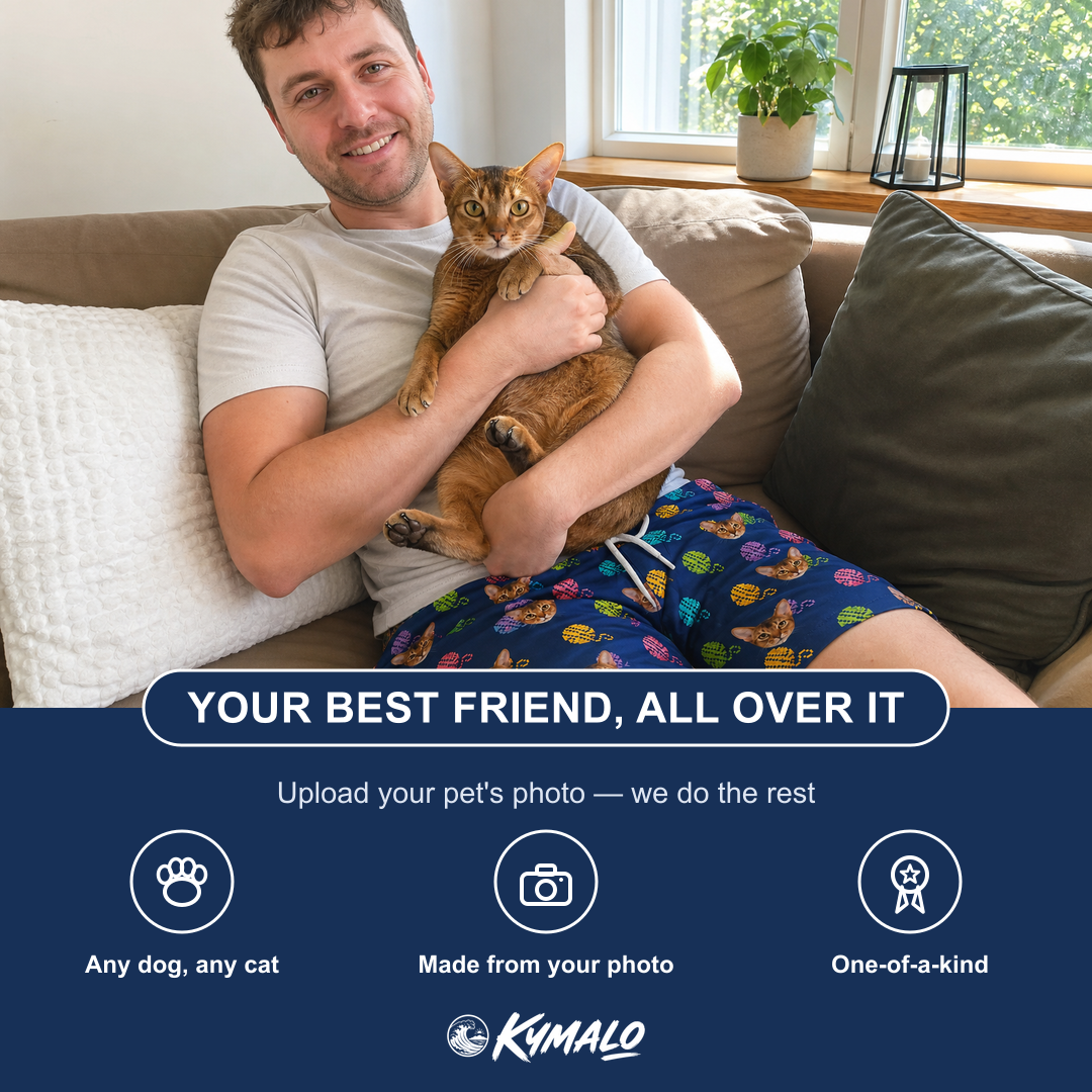 Friends in matching Men's Yarn Yowls Custom Cat Face Beach Shorts — a group gift photo