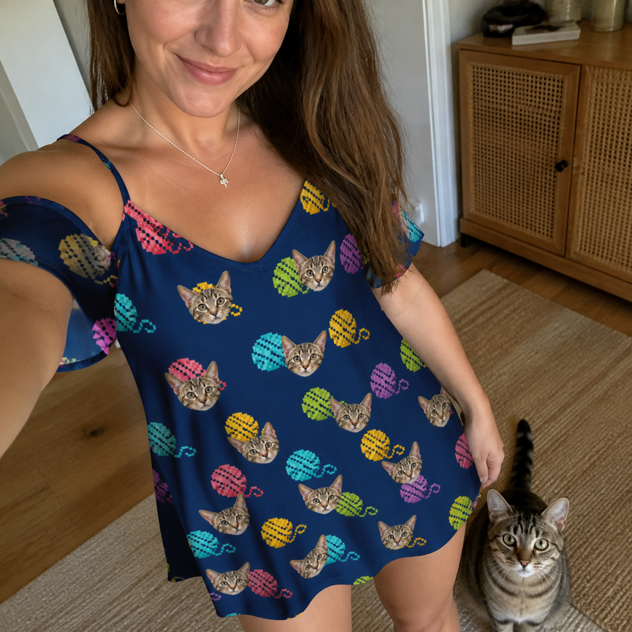 Selfie with the pet whose face is printed all over this Women's Yarn Yowls Custom Cat Face Off-Shoulder Dress