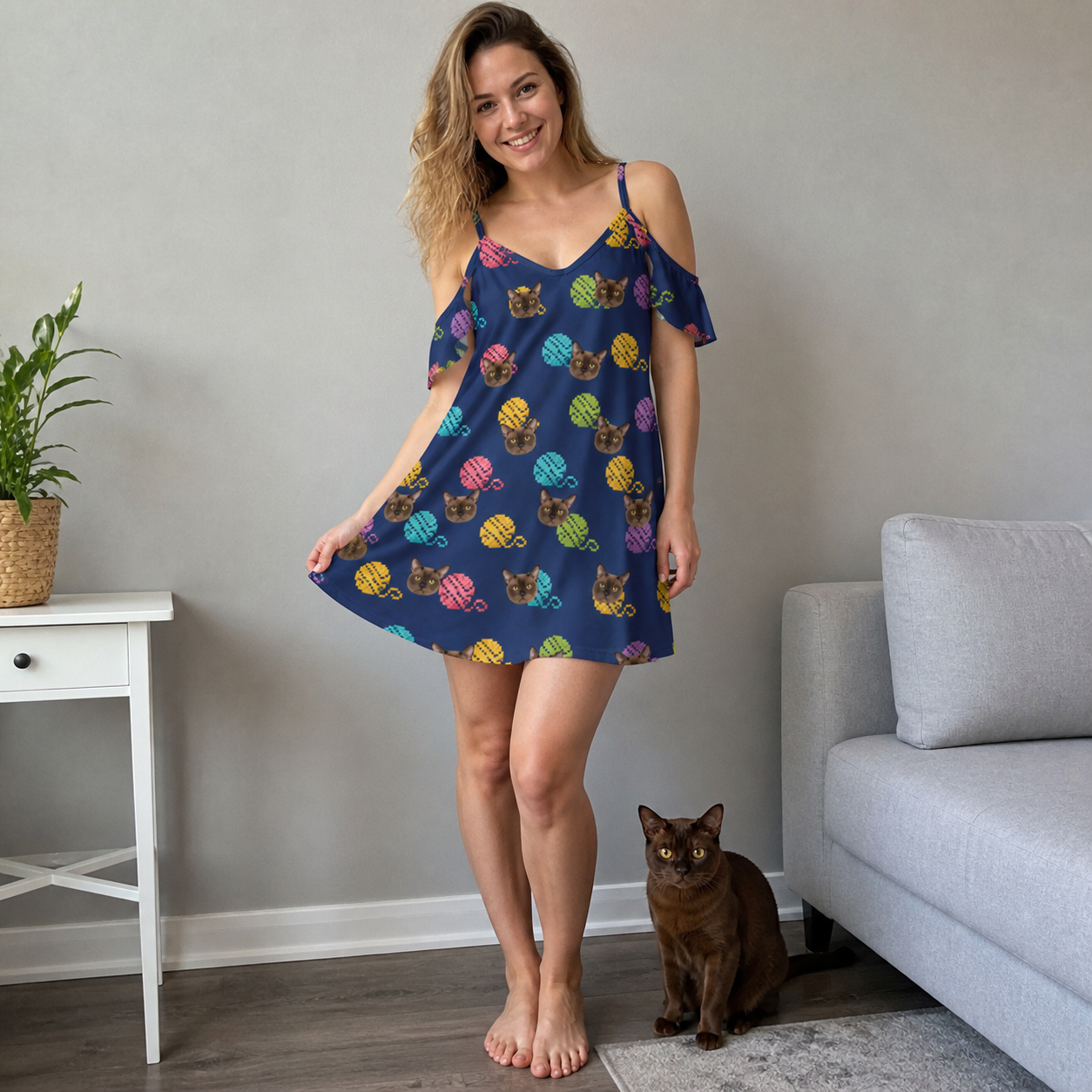 Full-length photo with the pet printed all over this Women's Yarn Yowls Custom Cat Face Off-Shoulder Dress