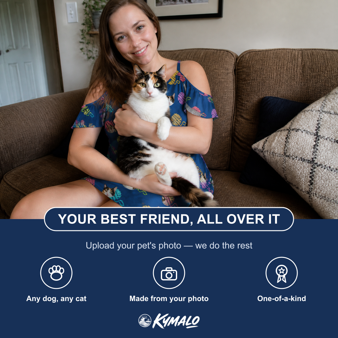 Friends in matching Women's Yarn Yowls Custom Cat Face Off-Shoulder Dress — a group gift photo