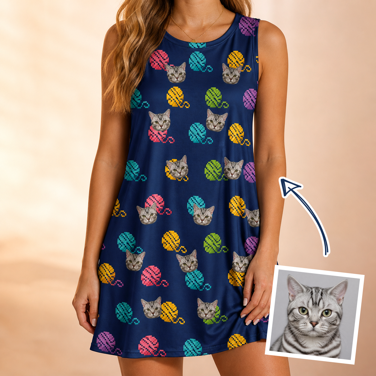 Woman wearing Women's Yarn Yowls Custom Cat Face Tank Dress — custom faces printed all-over