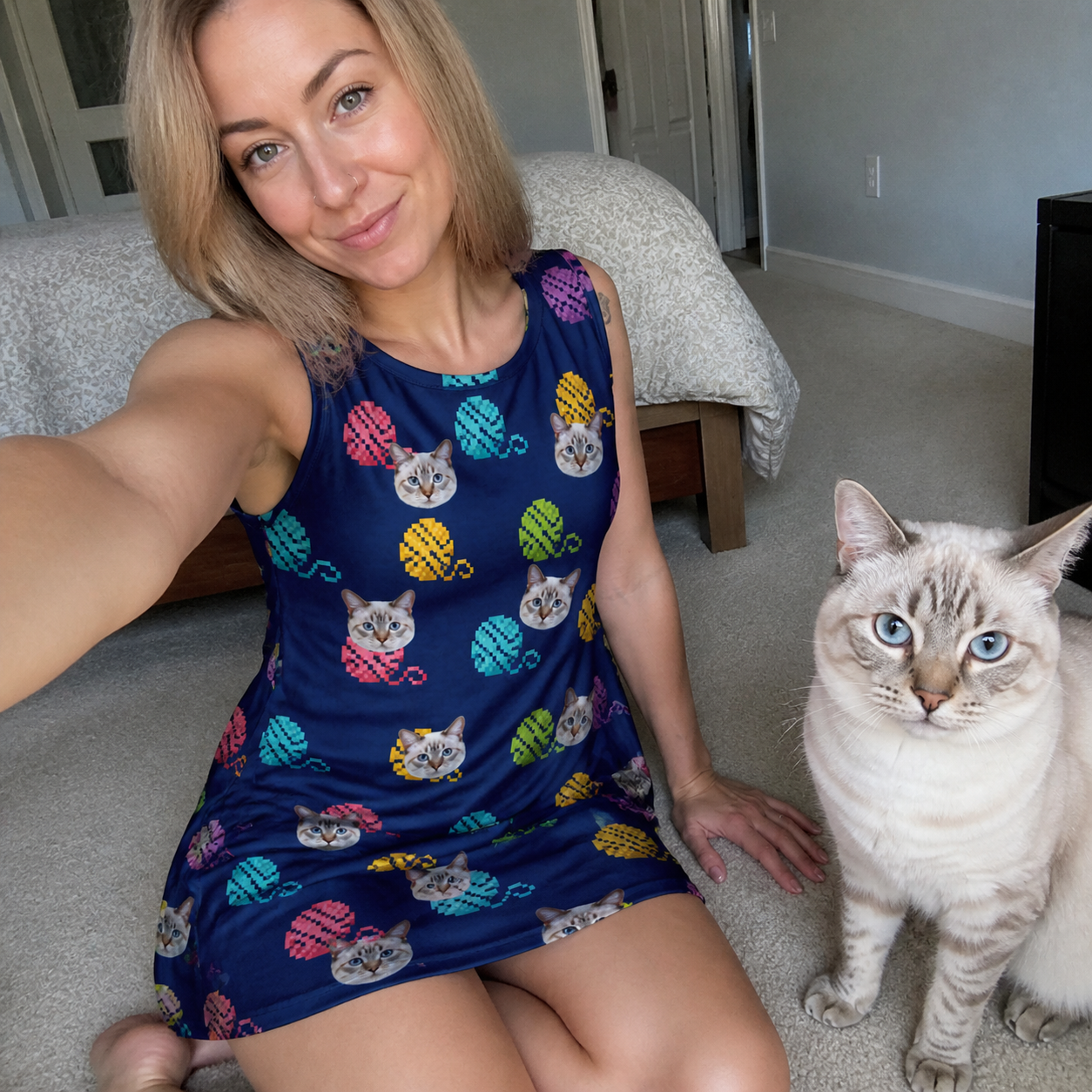 Selfie with the pet whose face is printed all over this Women's Yarn Yowls Custom Cat Face Tank Dress