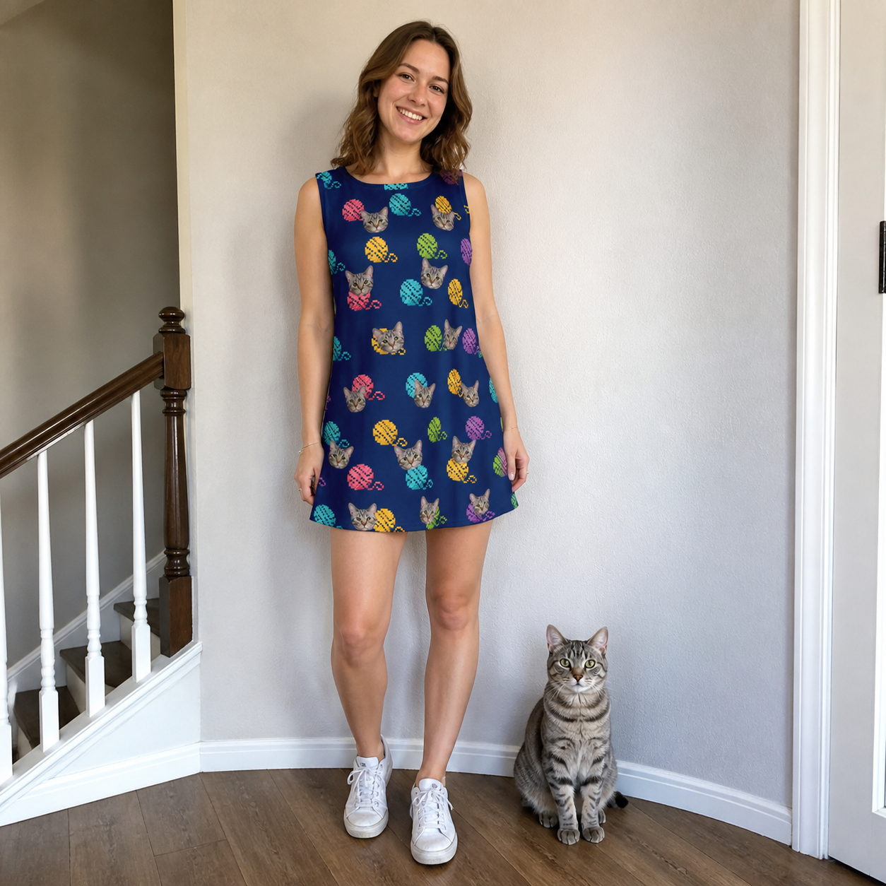 Full-length photo with the pet printed all over this Women's Yarn Yowls Custom Cat Face Tank Dress