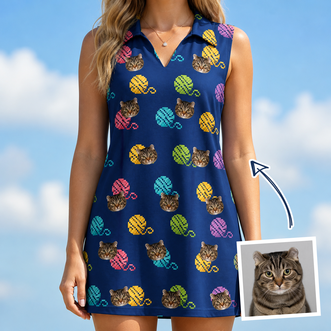 Woman wearing Women's Yarn Yowls Custom Cat Face V-Neck Dress — custom faces printed all-over